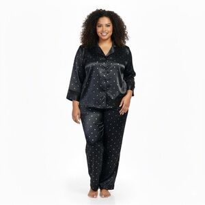 Thalia Sodi Black Satin Pajama Set with Gold Accents